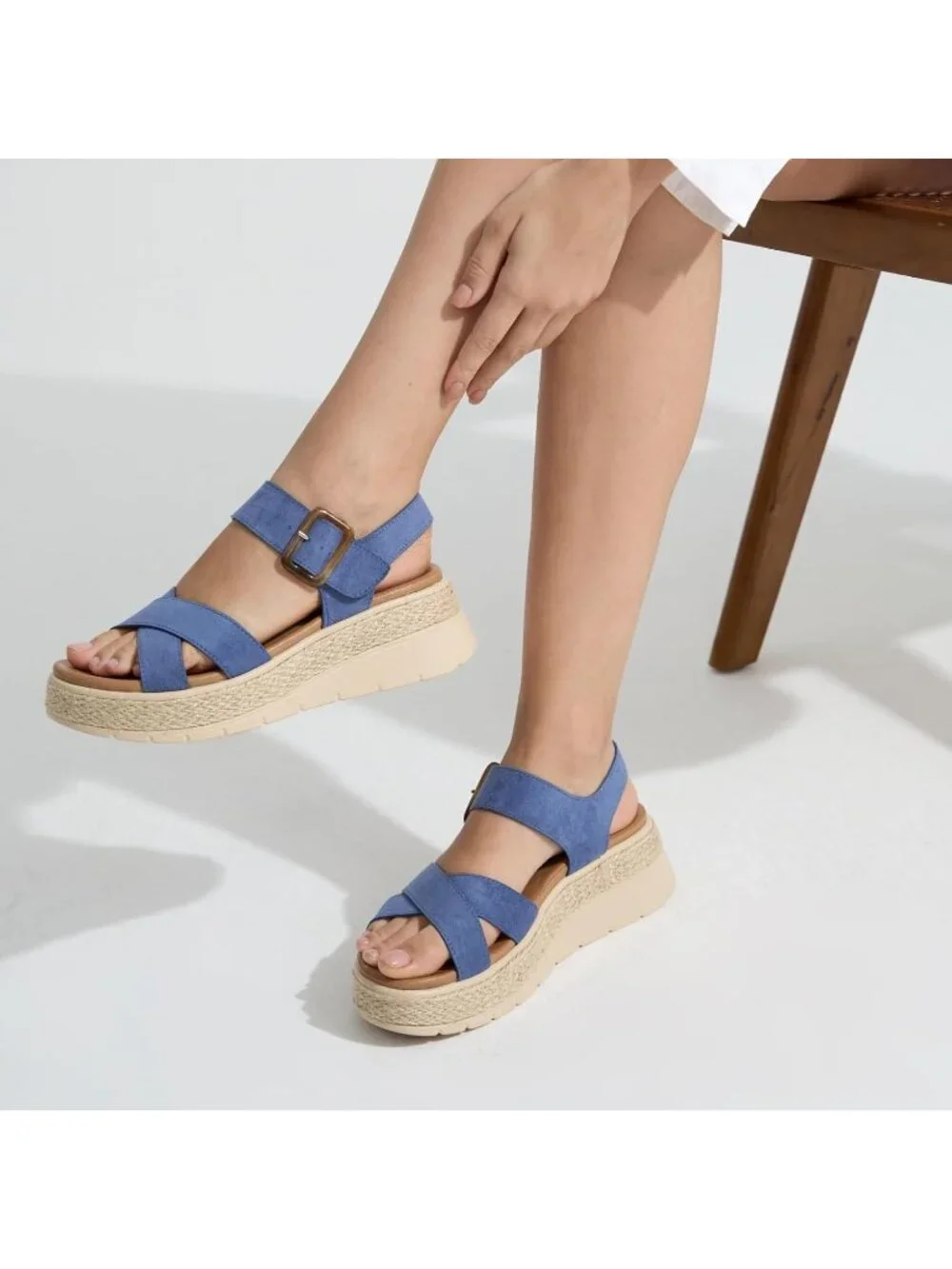 Womens Blue Comfortable Solid Espadrille Low Wedge Heel Platform Sandal Shoes